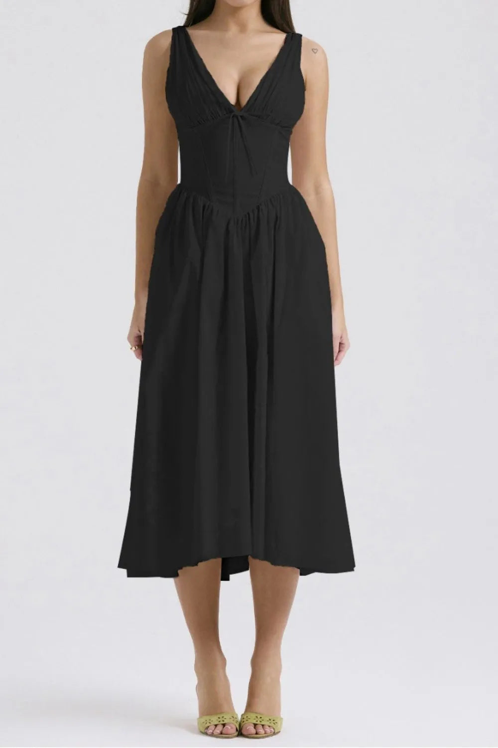 Ruched V-Neck Sleeveless Dress with Pockets Black