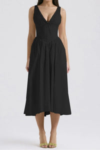 Ruched V-Neck Sleeveless Dress with Pockets Black