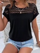 Lace Cutout Round Neck Short Sleeve T-Shirt for Women - 60% Polyester Casual Top - Store 42