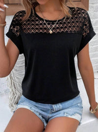 Lace Cutout Round Neck Short Sleeve T-Shirt for Women - 60% Polyester Casual Top - Store 42