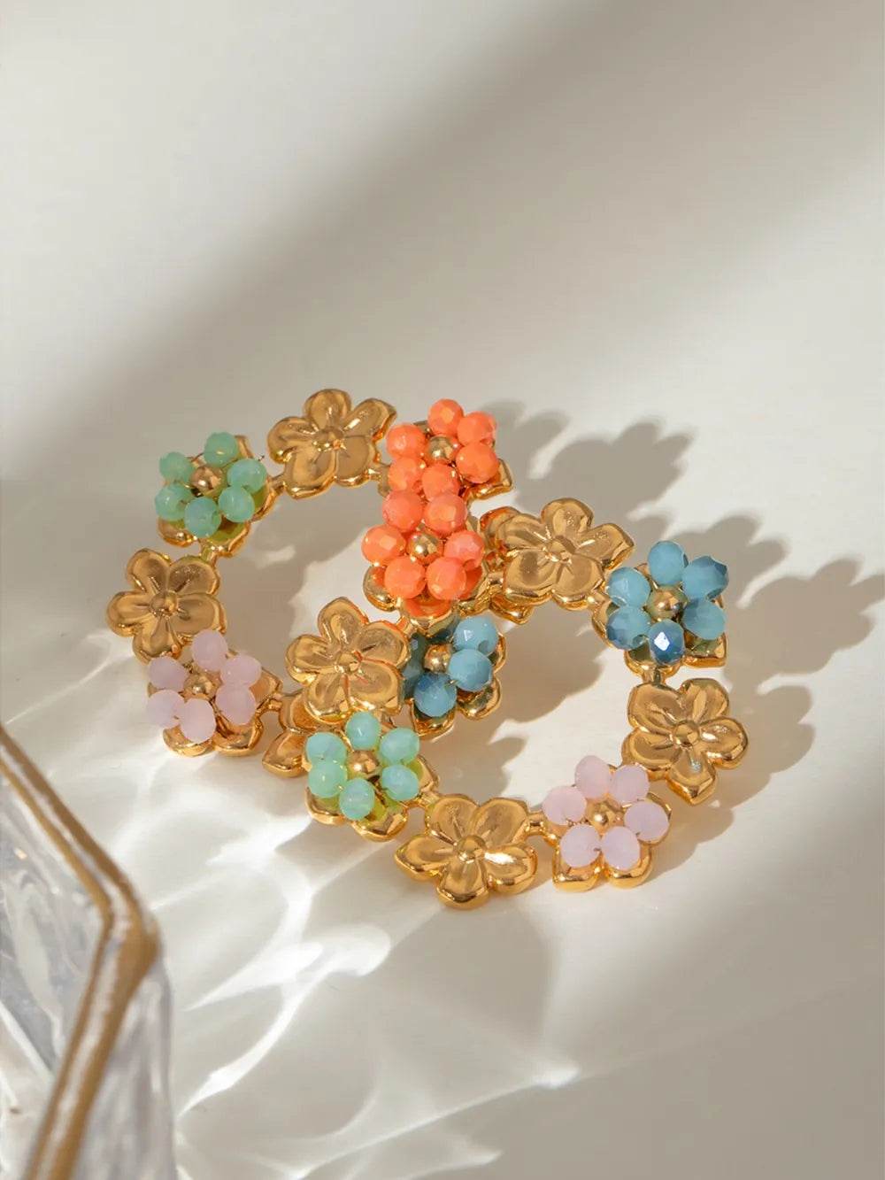 Elegant 18K Gold-Plated Stainless Steel Flower Earrings with Synthetic Crystals