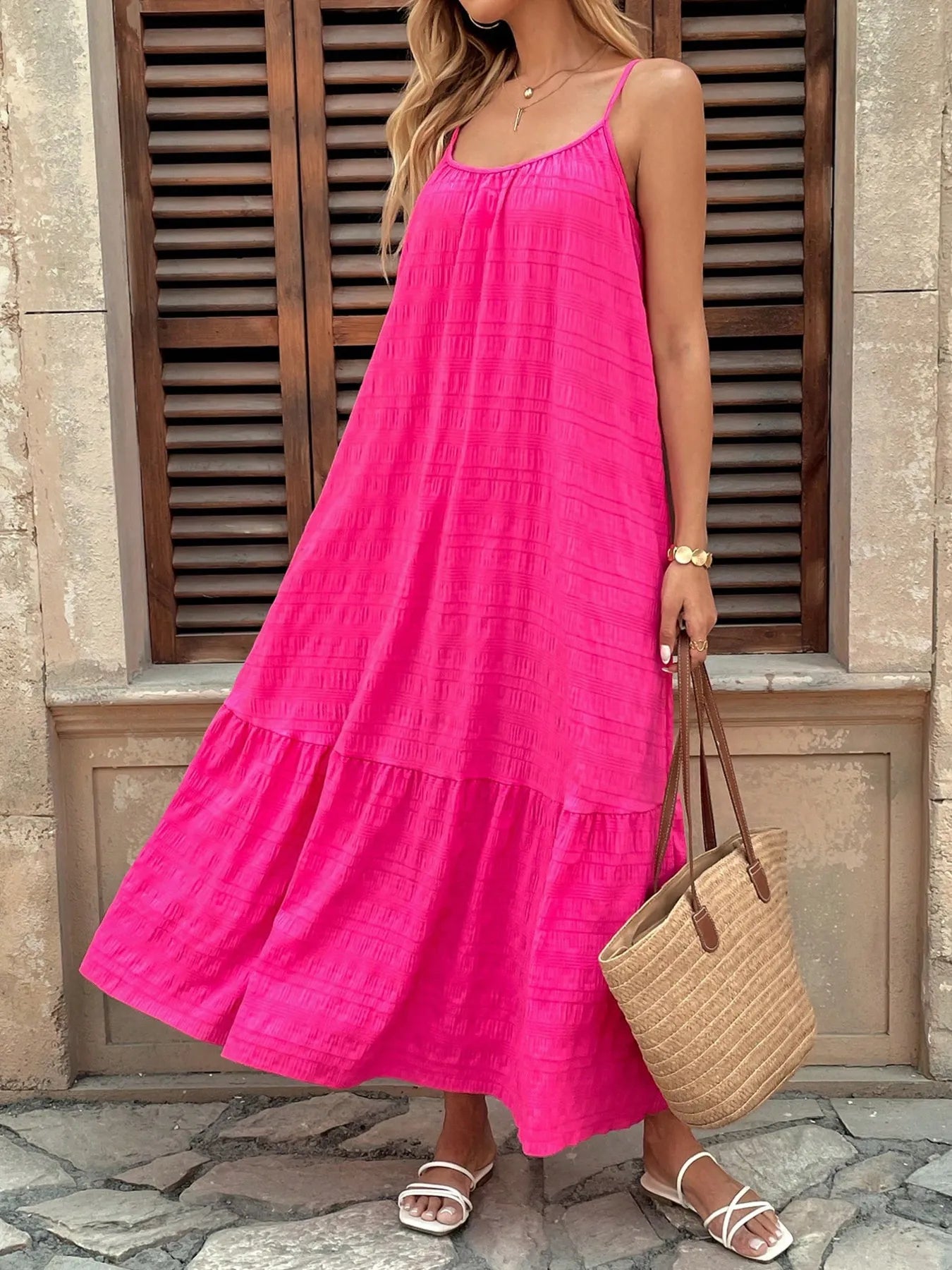 Stylish Scoop Neck Tiered Maxi Cami Dress with Ruffled Ties - 100% Polyester, Not Lined