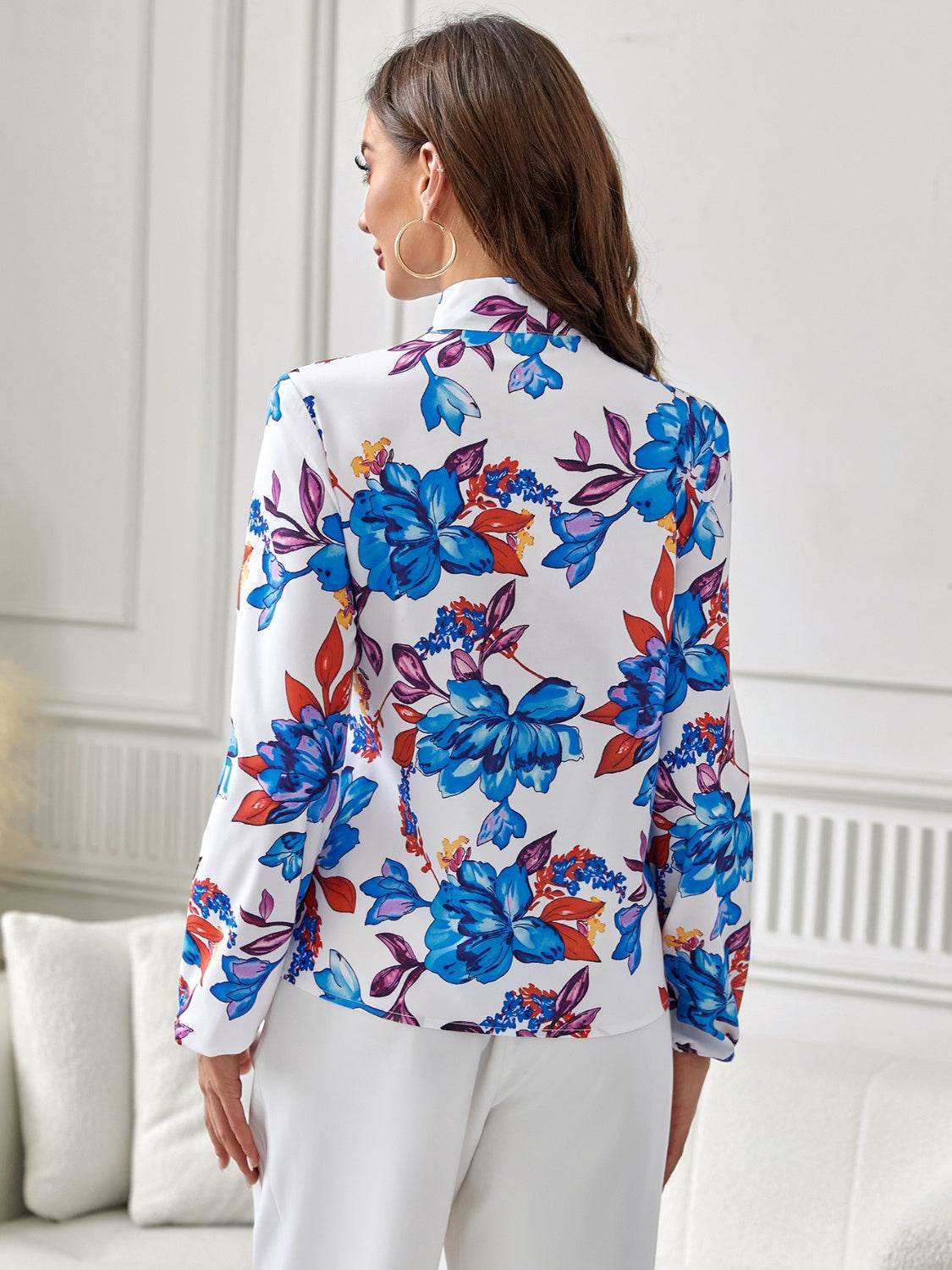 Floral Tie Neck Long Sleeve Blouse for Women - Opaque 100% Polyester, Machine Washable