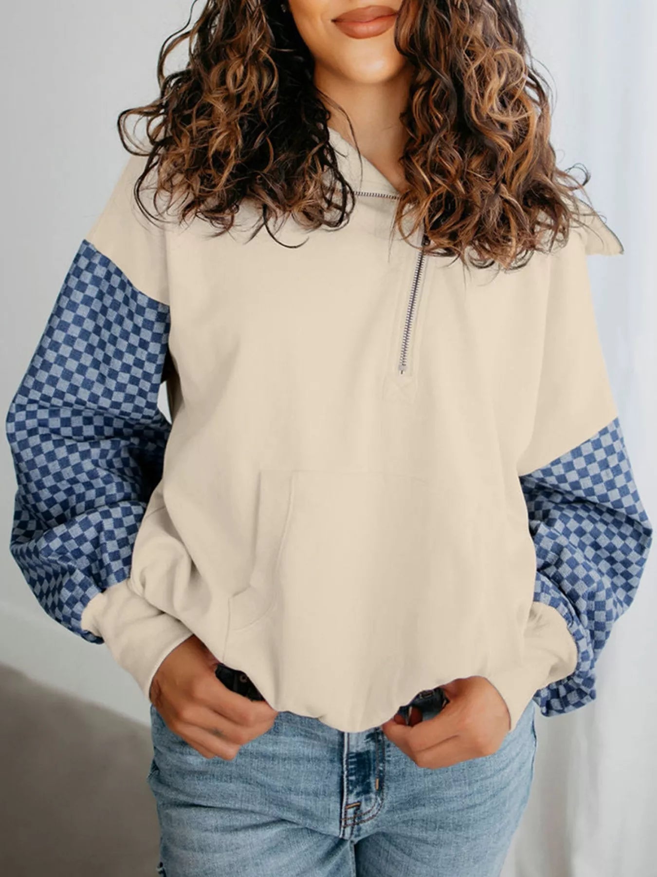 Trendy Checkered Color Block Half Zip Sweatshirt with Pockets, Slightly Stretchy Fabric