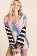 BiBi Tie Dye V Neck Top With Stripe Puff Sleeves - Trendy Colorful Casual Wear - Store 42