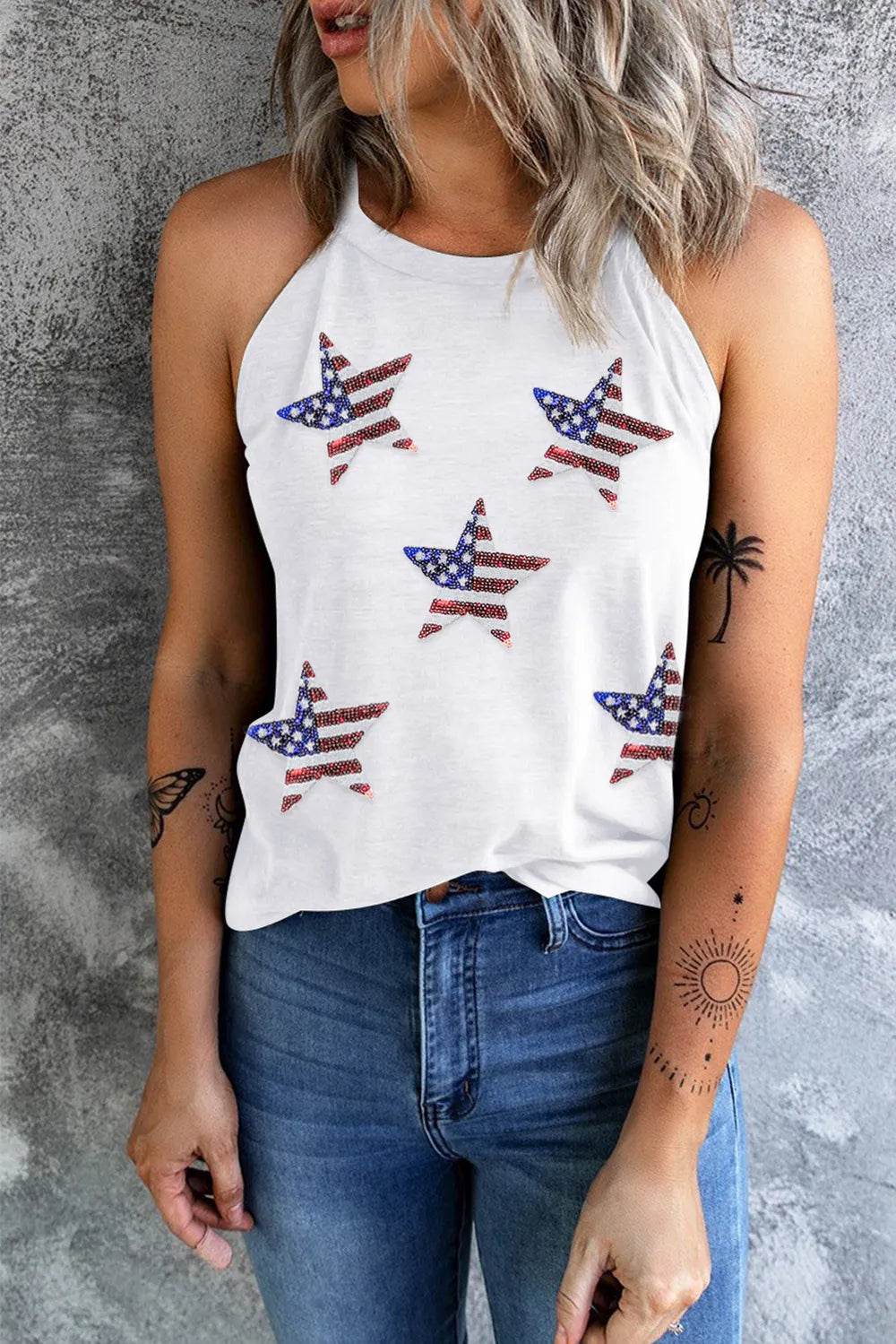 Grecian Neck Tank Top with Sequin US Flag Star Design - Opaque Fabric, No Stretch, 95% Polyester