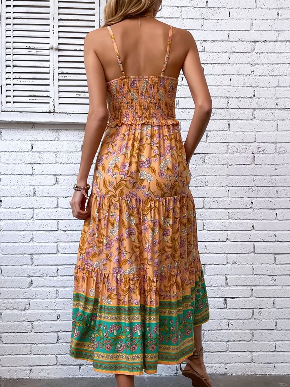 Women's Printed Square Neck Midi Cami Dress - Frill, Smocked, and Tiered Design
