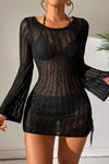 Hollow Out Bell Sleeve Drawstring Knit Cover Up Dress Black