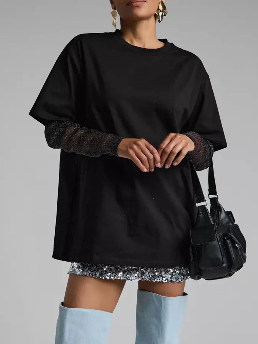 Faux Layered Round Neck Mesh Sleeve Top Black