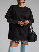 Faux Layered Round Neck Mesh Sleeve Top Black
