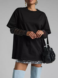 Faux Layered Round Neck Mesh Sleeve Top Black