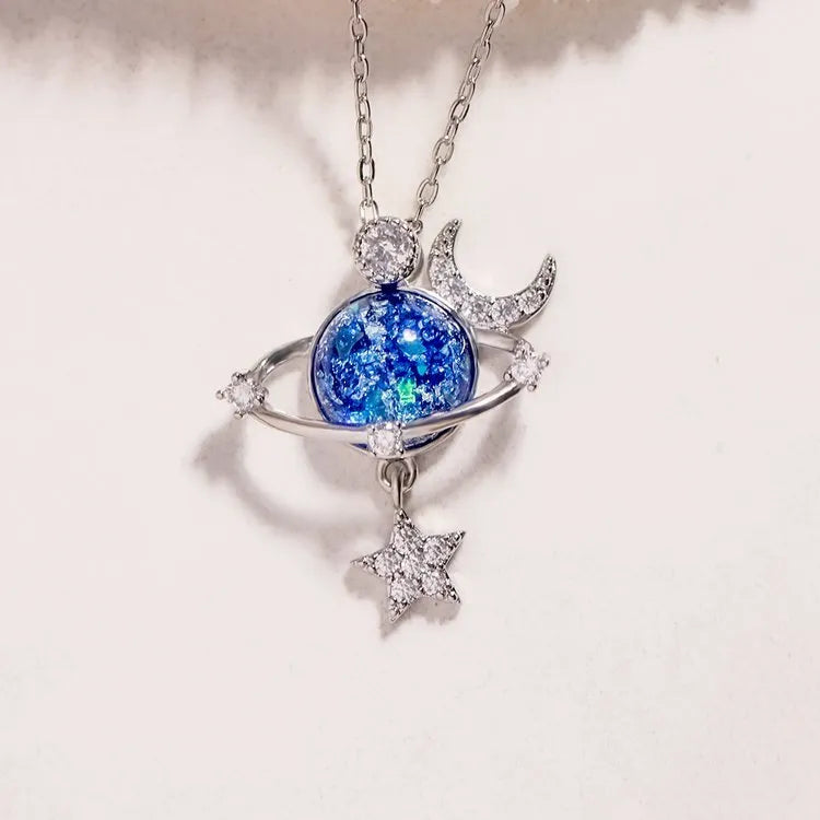 Zircon Moon And Star Necklace In 925 Sterling Silver With Starry Sky Inlay Design