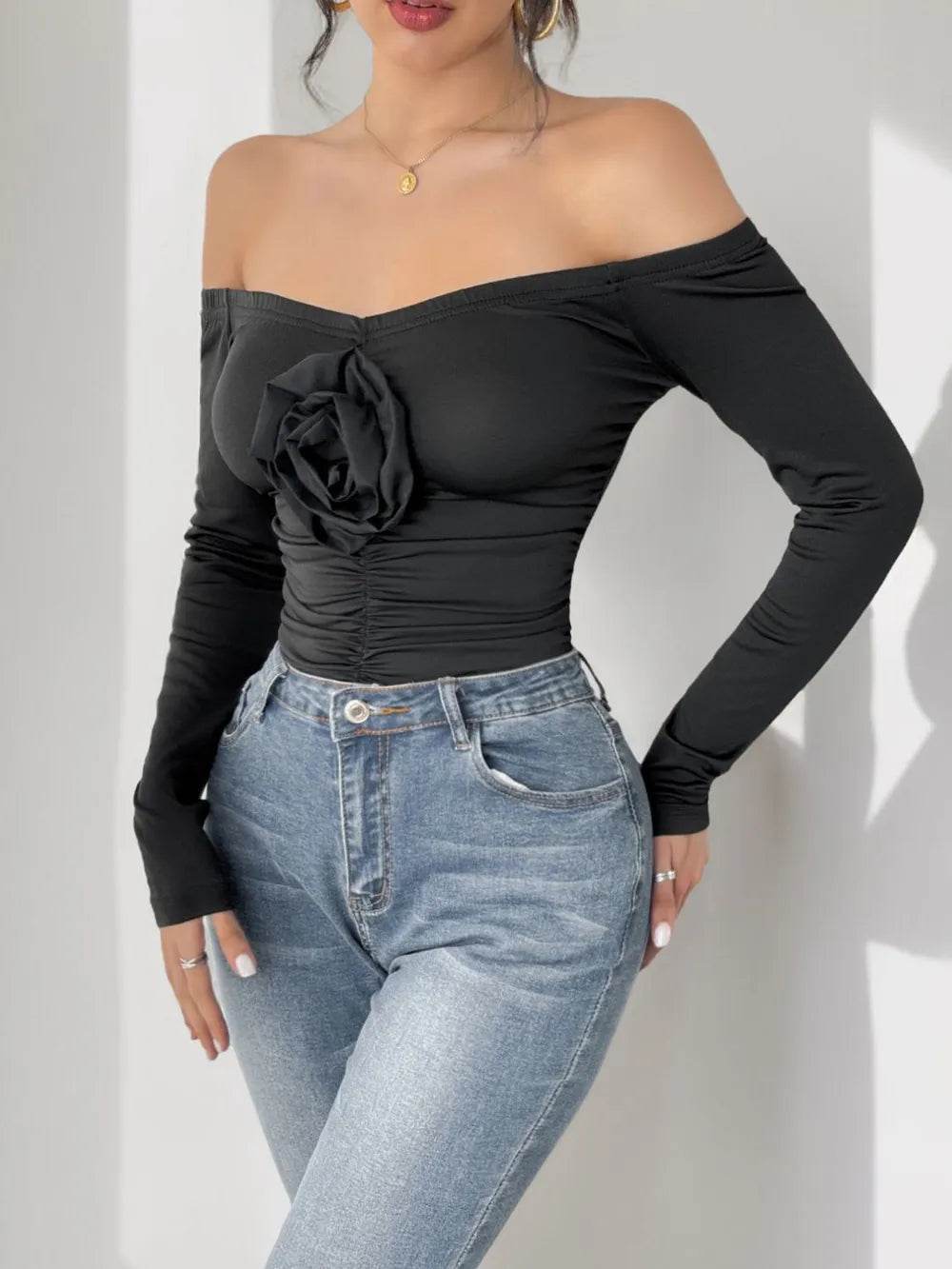 Perfee Ruched Flower Off-Shoulder Long Sleeve Bodysuit - Store 42