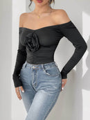 Perfee Ruched Flower Off-Shoulder Long Sleeve Bodysuit - Store 42