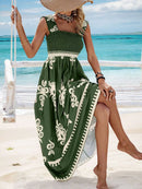 Smocked Printed Wide Strap Maxi Dress