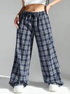 Plaid Wide Leg Drawstring Pants Blue