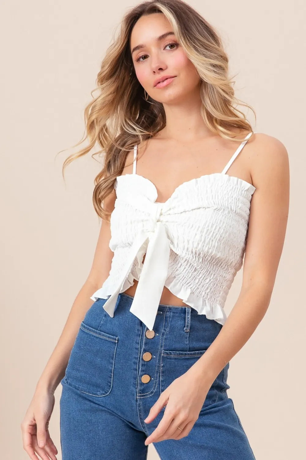 Elegant BiBi Ruffled Smocked Cami with Ribbon Detail for Feminine Style