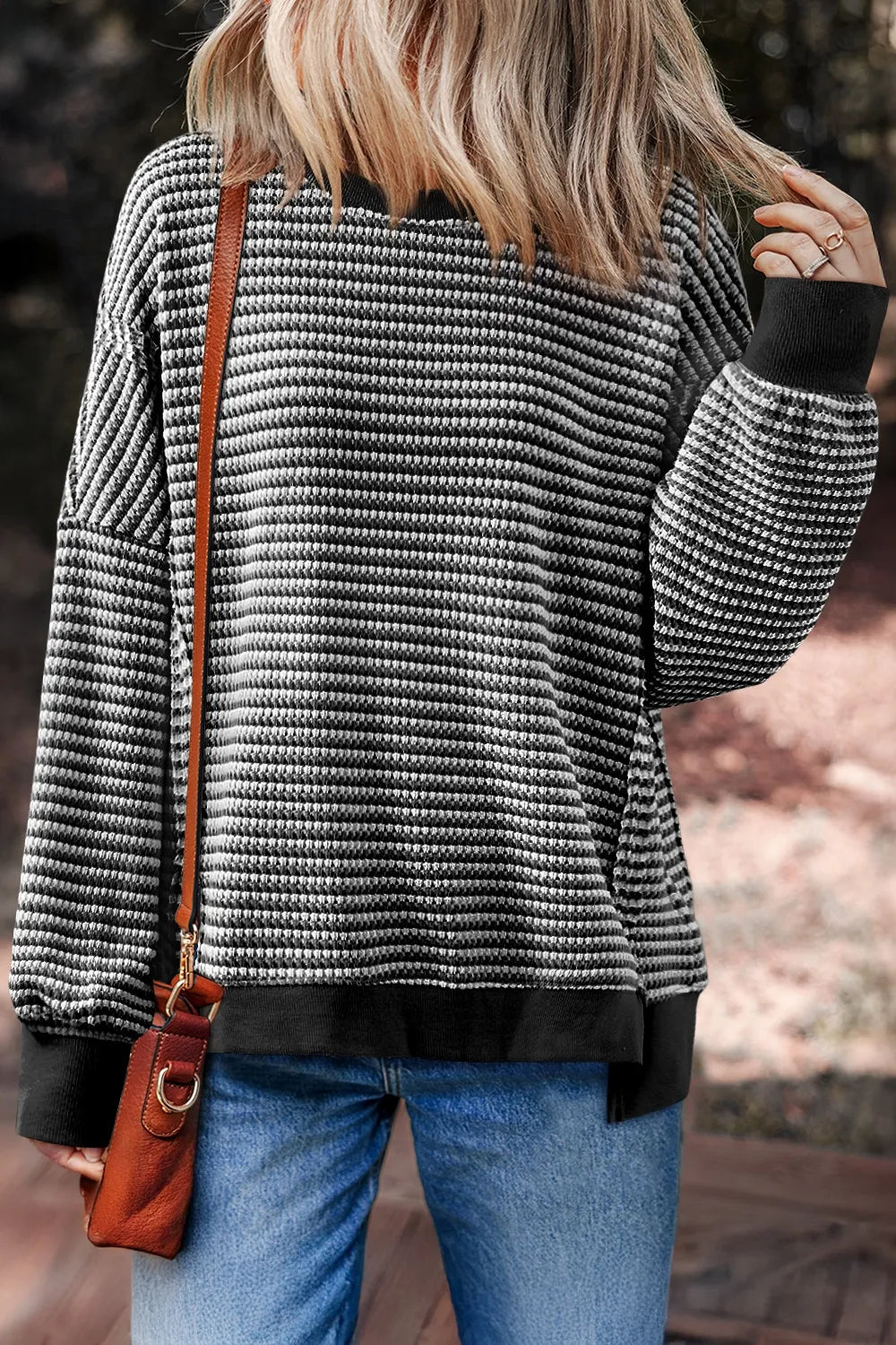 Trendy Oversized Striped Round Neck Sweatshirt - Slightly Stretchy, Cozy Style