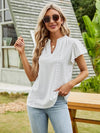 Trendsi Eyelet Notched Short Sleeve T-Shirt with Ruffled Frills - Slightly Stretchy Fabric - Store 42