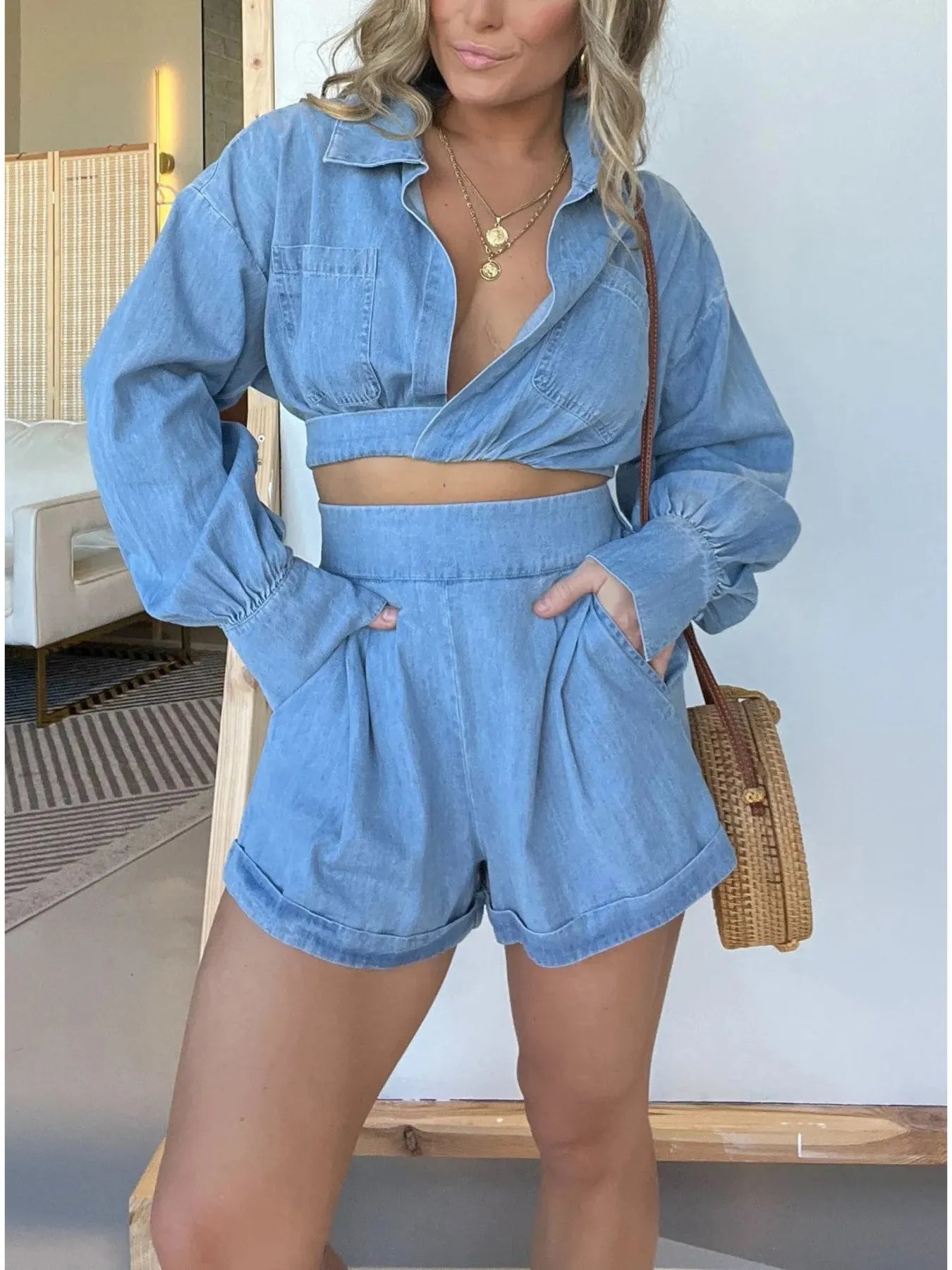 Full Size Long Sleeve Top and Shorts Denim Set Plus Size