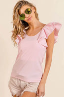 BiBi Wide Layered Ruffle Sleeve Scoop Neck Ribbed Top - Store 42