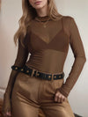 Mock Neck Long Sleeve Sheer Top Caramel
