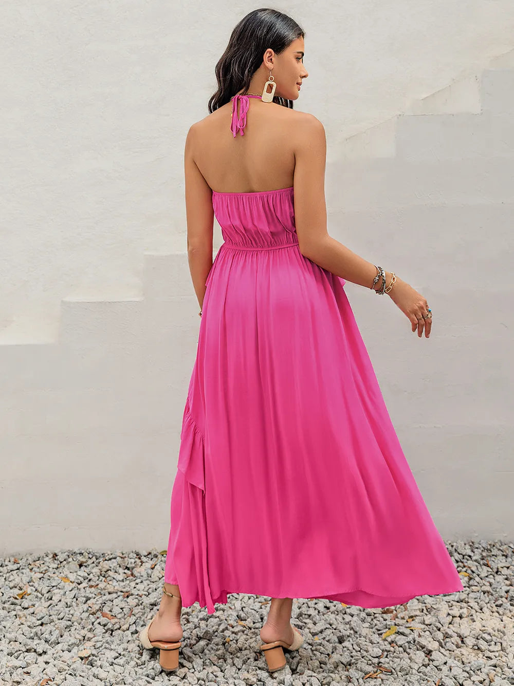 Ruffled Halter Neck Maxi Dress in 100% Viscose - Elegant, Opaque & Non-Stretch Design