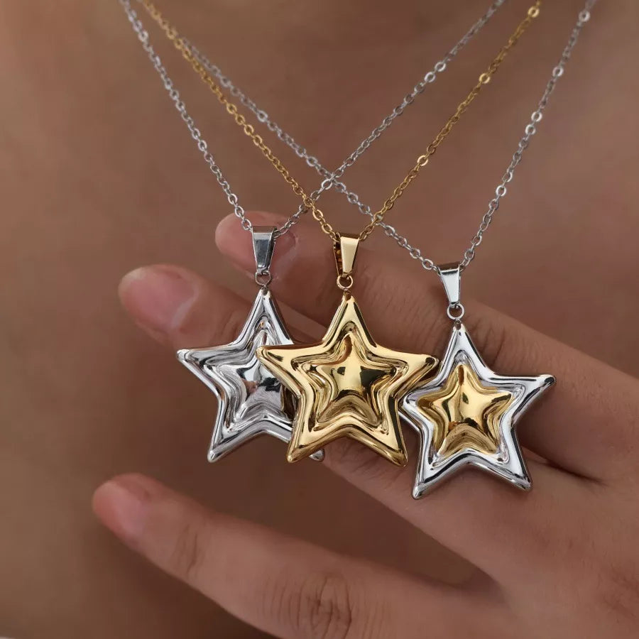 Elegant 18K Gold-Plated Stainless Steel Zircon Star Pendant Necklace, 16.1-Inch Adjustable Chain