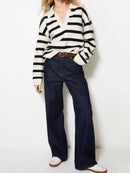 Striped Johnny Collar Long Sleeve Sweater