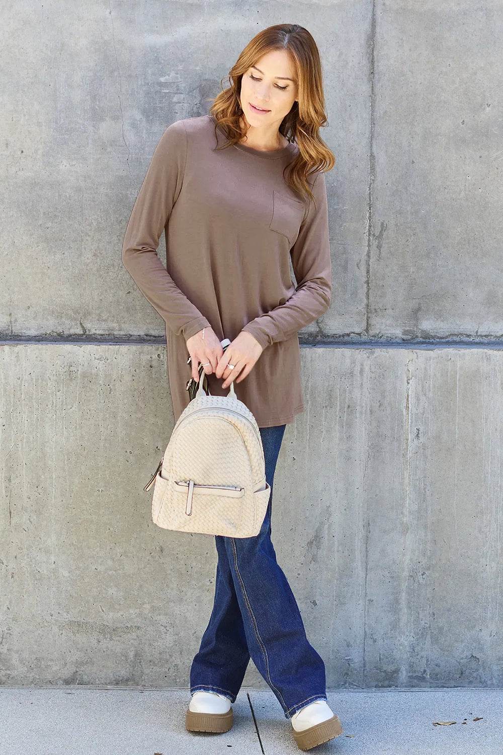 Basic Bae Women's Full Size Round Neck Long Sleeve Top with Pockets and Moderate Stretch - Store 42