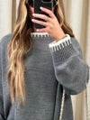 Contrast Trim Round Neck Top and Pants Sweater Set Gray