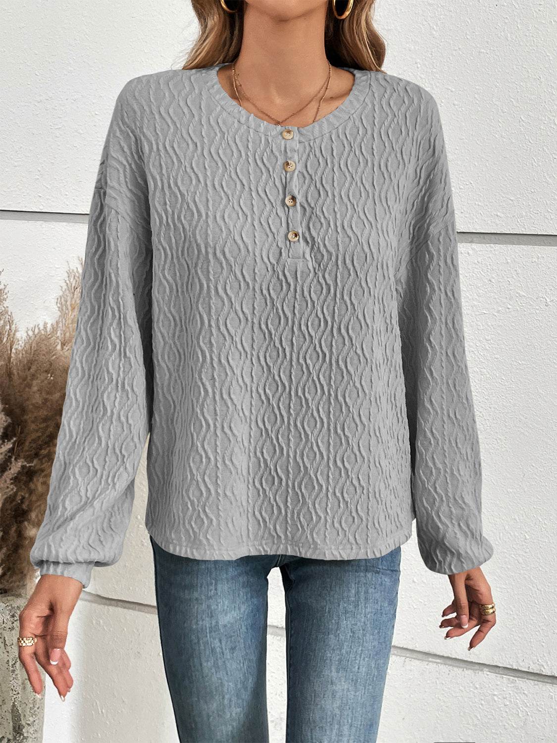 Ivy Lane Half Button Long Sleeve Top - Opaque, Slightly Stretchy, 95% Polyester, 5% Spandex - Store 42
