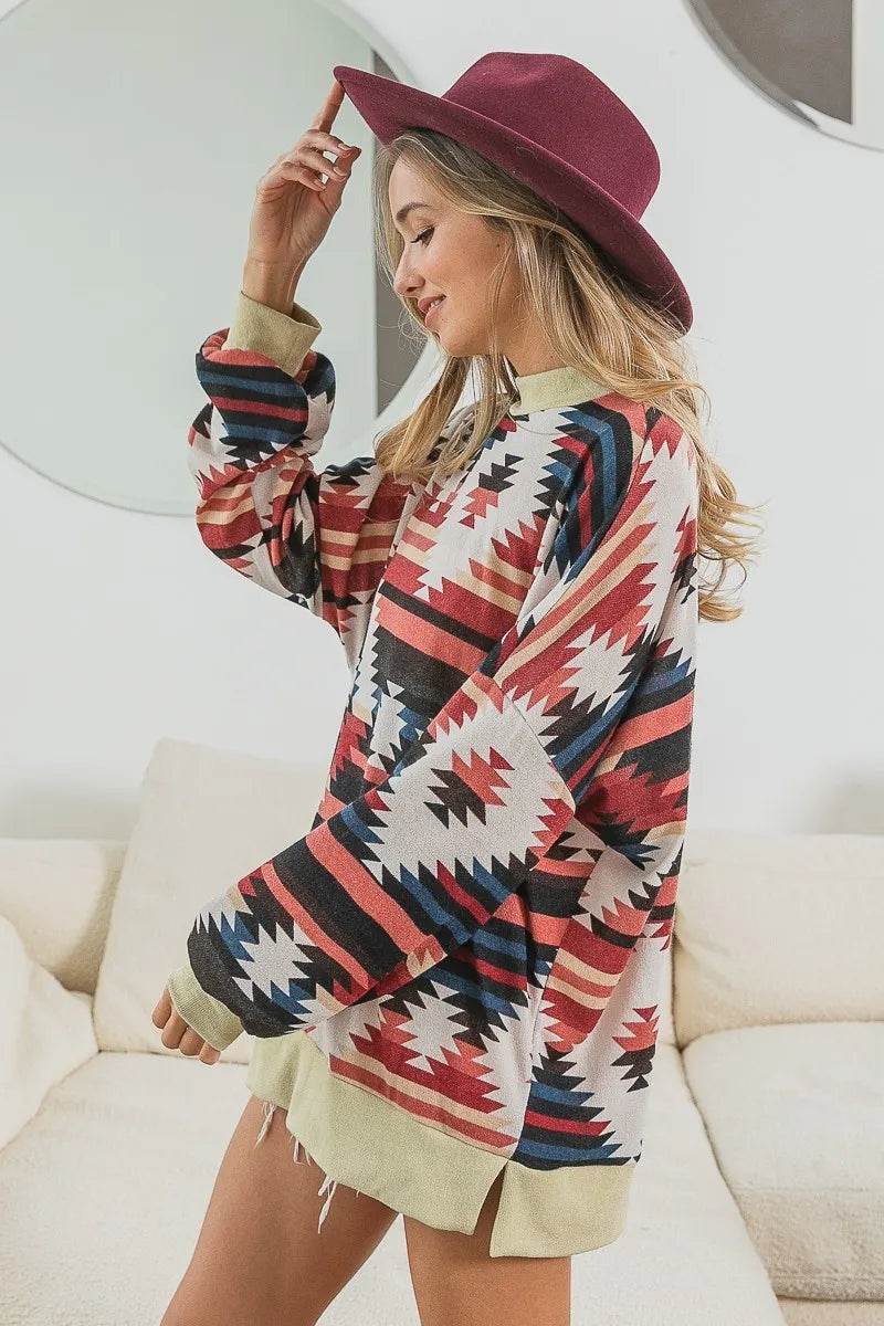 BiBi Aztec Print Mock Neck Long Sleeve Top - Oversized, Soft Cotton Blend, Tribal Chic