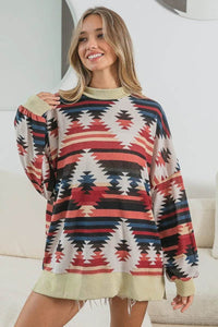 BiBi Aztec Print Mock Neck Long Sleeve Top - Oversized, Soft Cotton Blend, Tribal Chic - Store 42