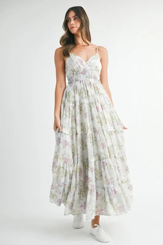 Mable Floral Print Tiered Cami Maxi Dress With Slit, Crisscross Detail – Perfect Summer Elegance