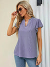 Trendsi Eyelet Notched Short Sleeve T-Shirt with Ruffled Frills - Slightly Stretchy Fabric - Store 42