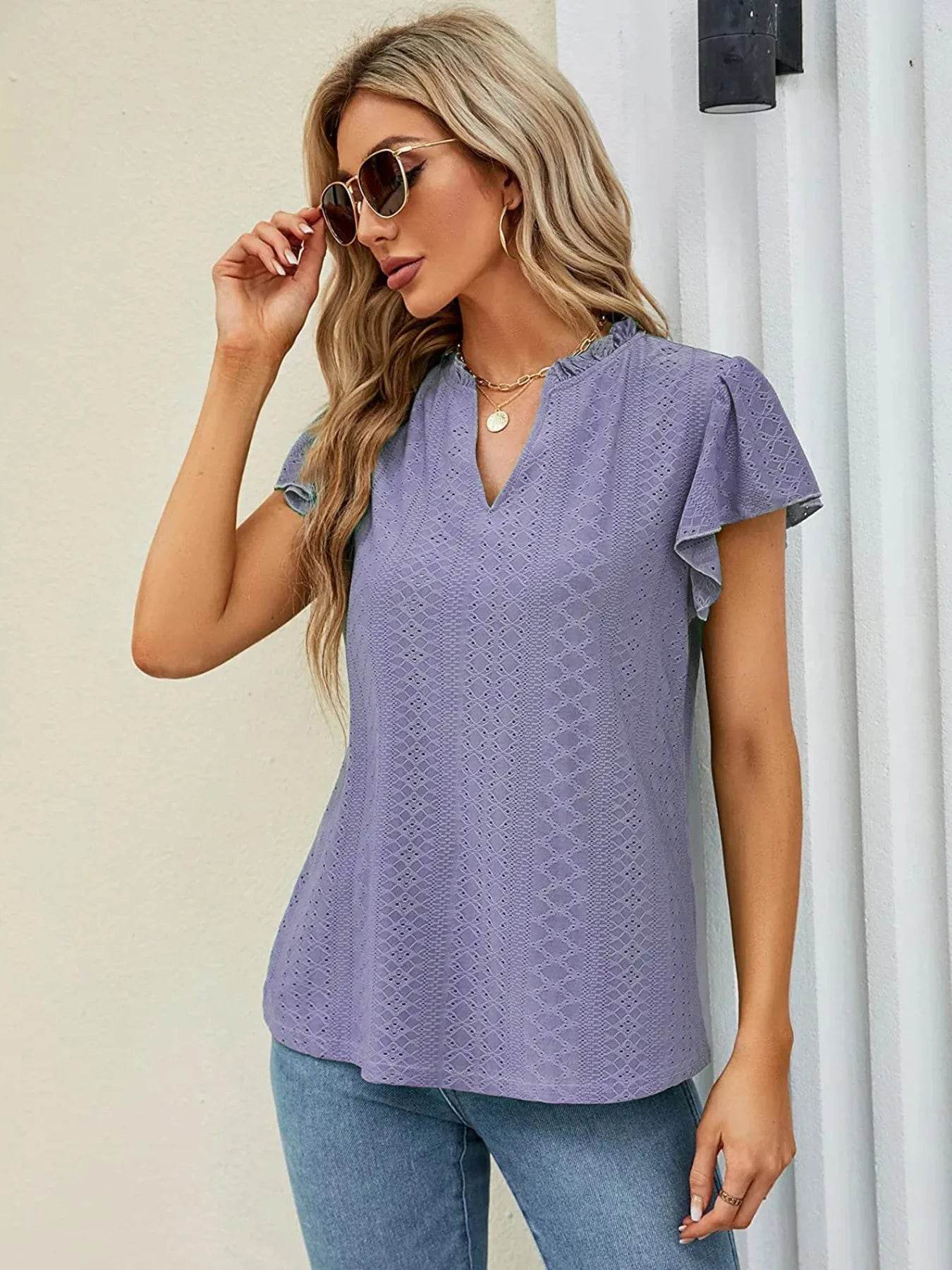 Trendsi Eyelet Notched Short Sleeve T-Shirt with Ruffled Frills - Slightly Stretchy Fabric - Store 42