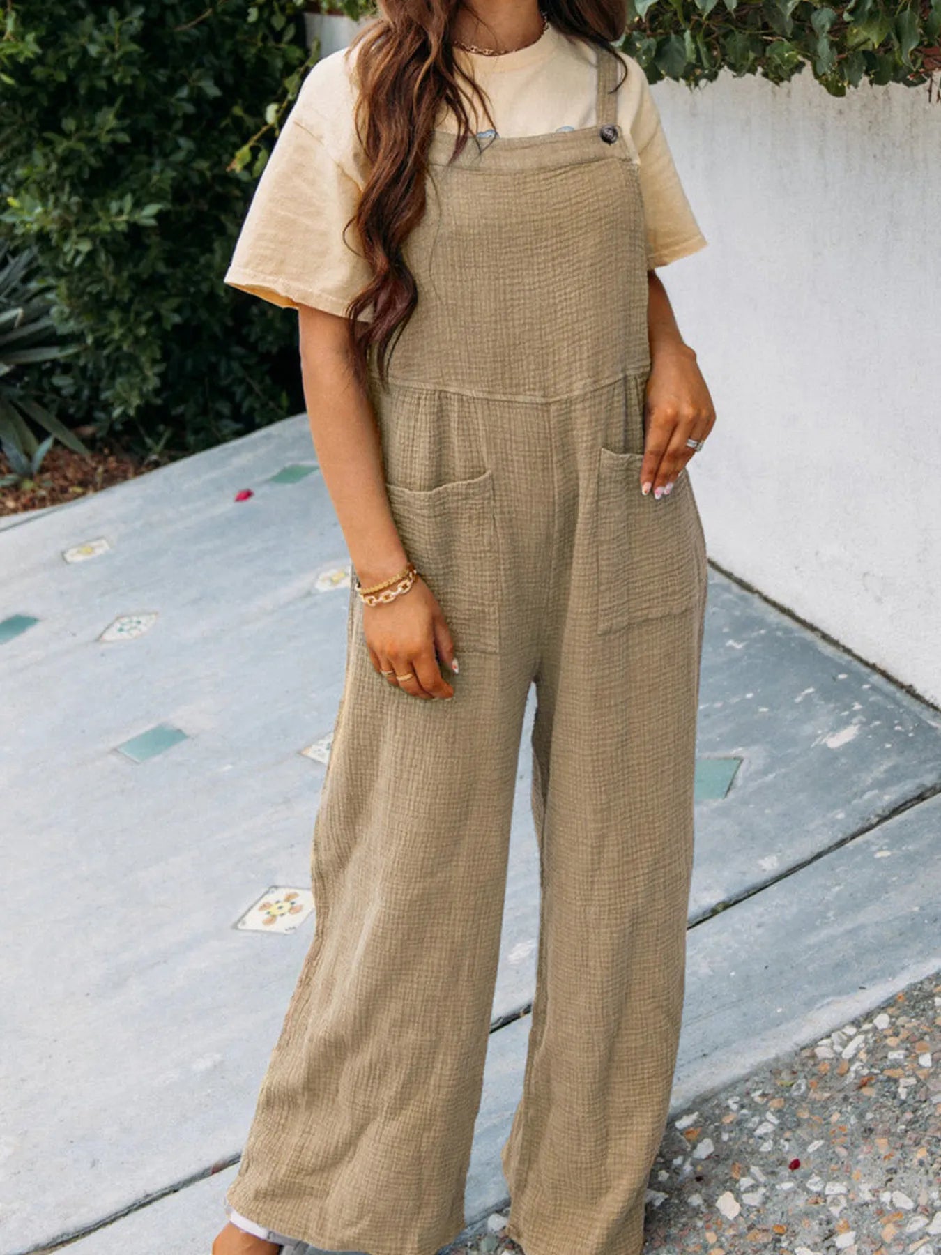 Full Size Casual Wide Leg Textured Overalls Plus Size Khaki