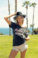 Trendy Laser Cut Mineral Washed Top with America Print - 100% Cotton Patriotic Style - Store 42