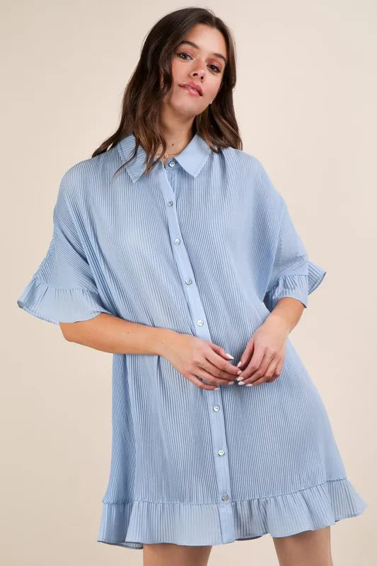 Sophisticated Pleated Detail Button Down Mini Dress - Classic Style for Any Occasion