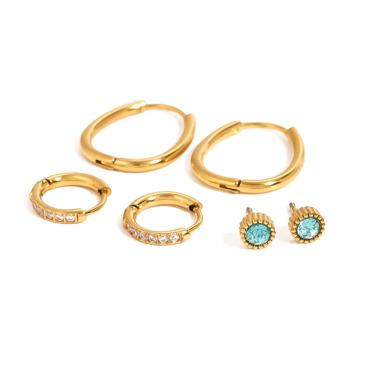 Sophisticated 3-Piece 18K Gold-Plated Earring Set with Turquoise Accent and Hoops