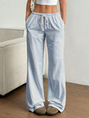 Drawstring Striped Wide Leg Pants Light Blue
