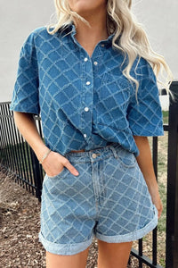 Pocketed Collared Neck Short Sleeve Denim Shirt