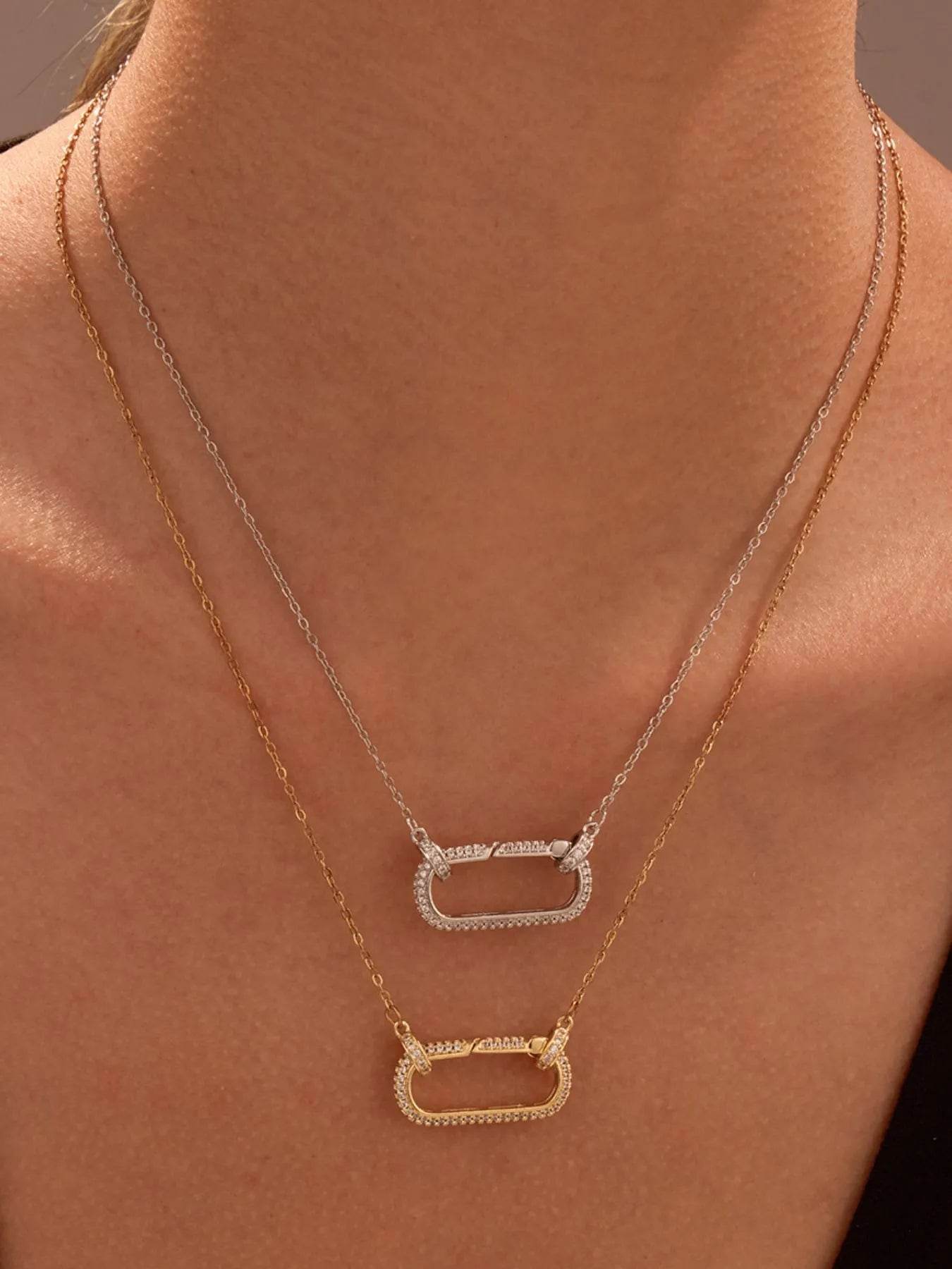 18K Gold-Plated Stainless Steel Rectangle Pendant Necklace with Zircon Accents