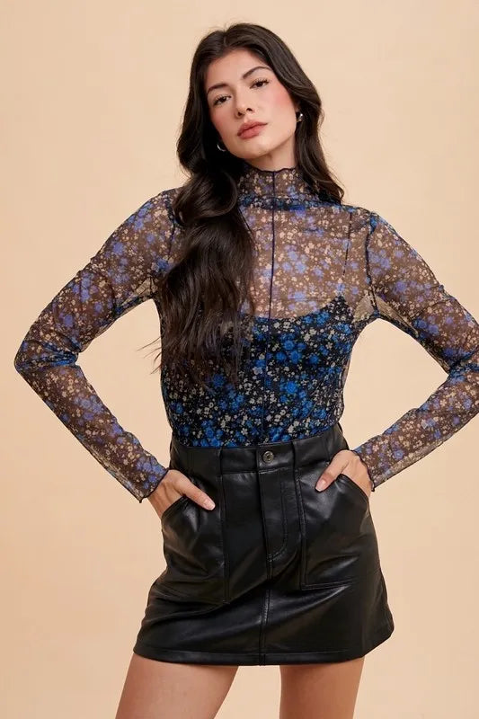 Annie Wear Sheer Floral Mesh Top with Playful Lettuce Hem - Trendy Women's Fashion