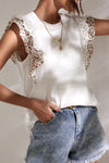 Floral Lace Eyelet Patched Butterfly Sleeve Blouse White
