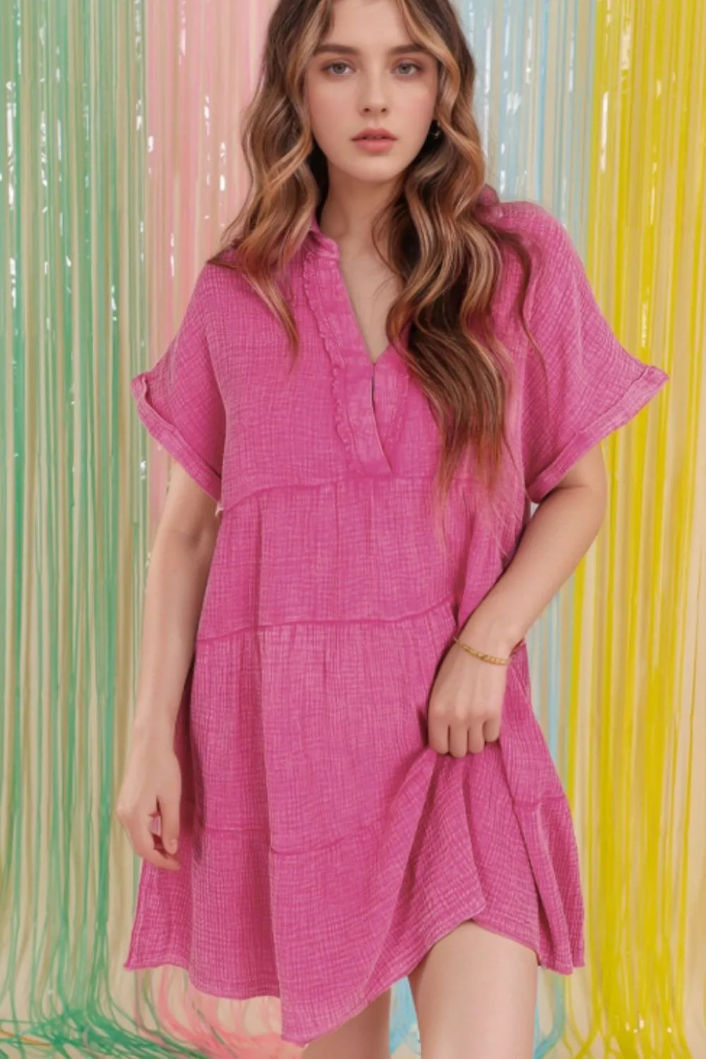 Mineral Wash Crinkle Split Neck Raw Hem Tiered Dress