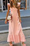 V Neck Ruffled Cap Sleeve Smocked Maxi Dress Watermelon pink