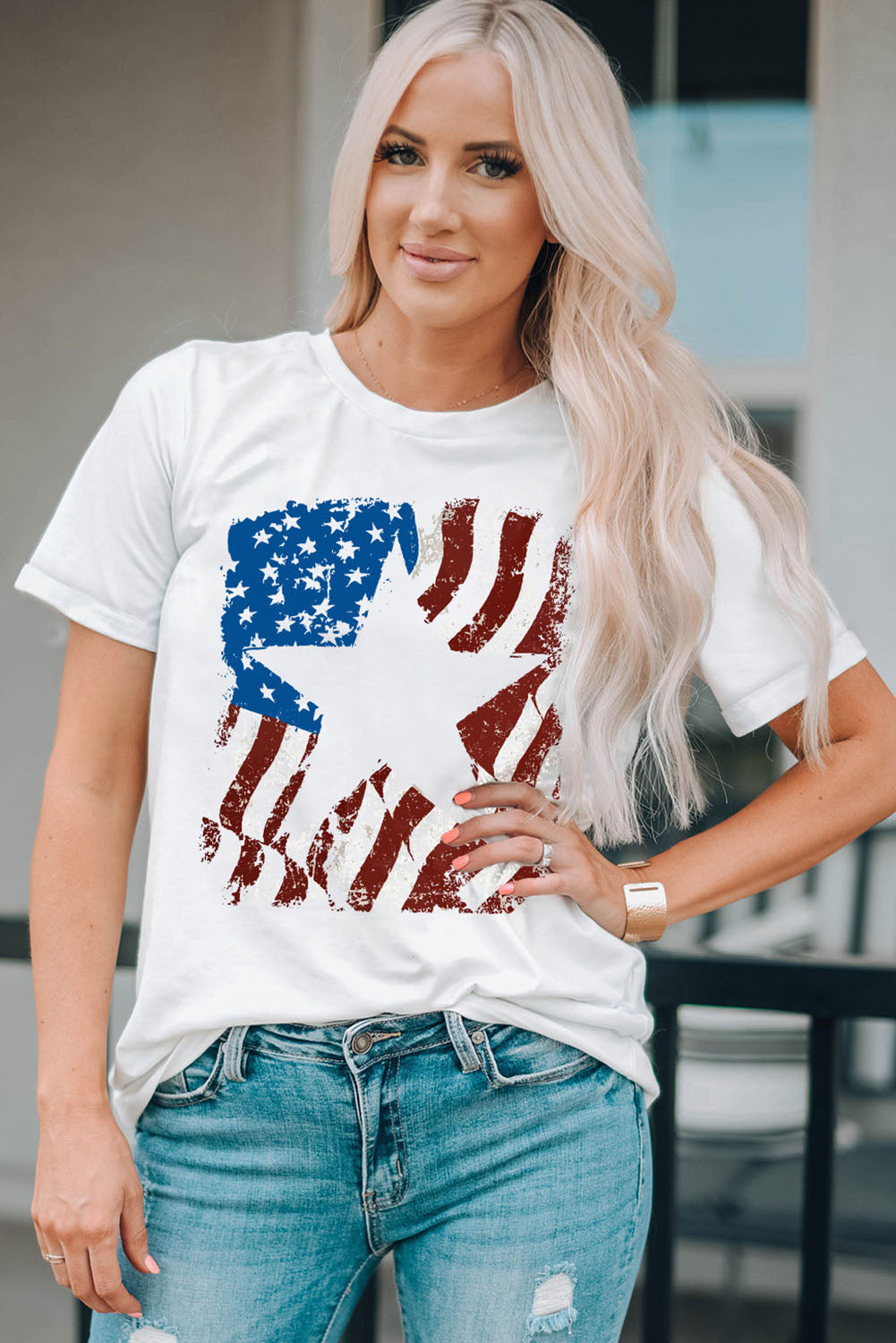 Casual US Flag Graphic Round Neck Tee for Men and Women – Short Sleeve, Slightly Stretchy