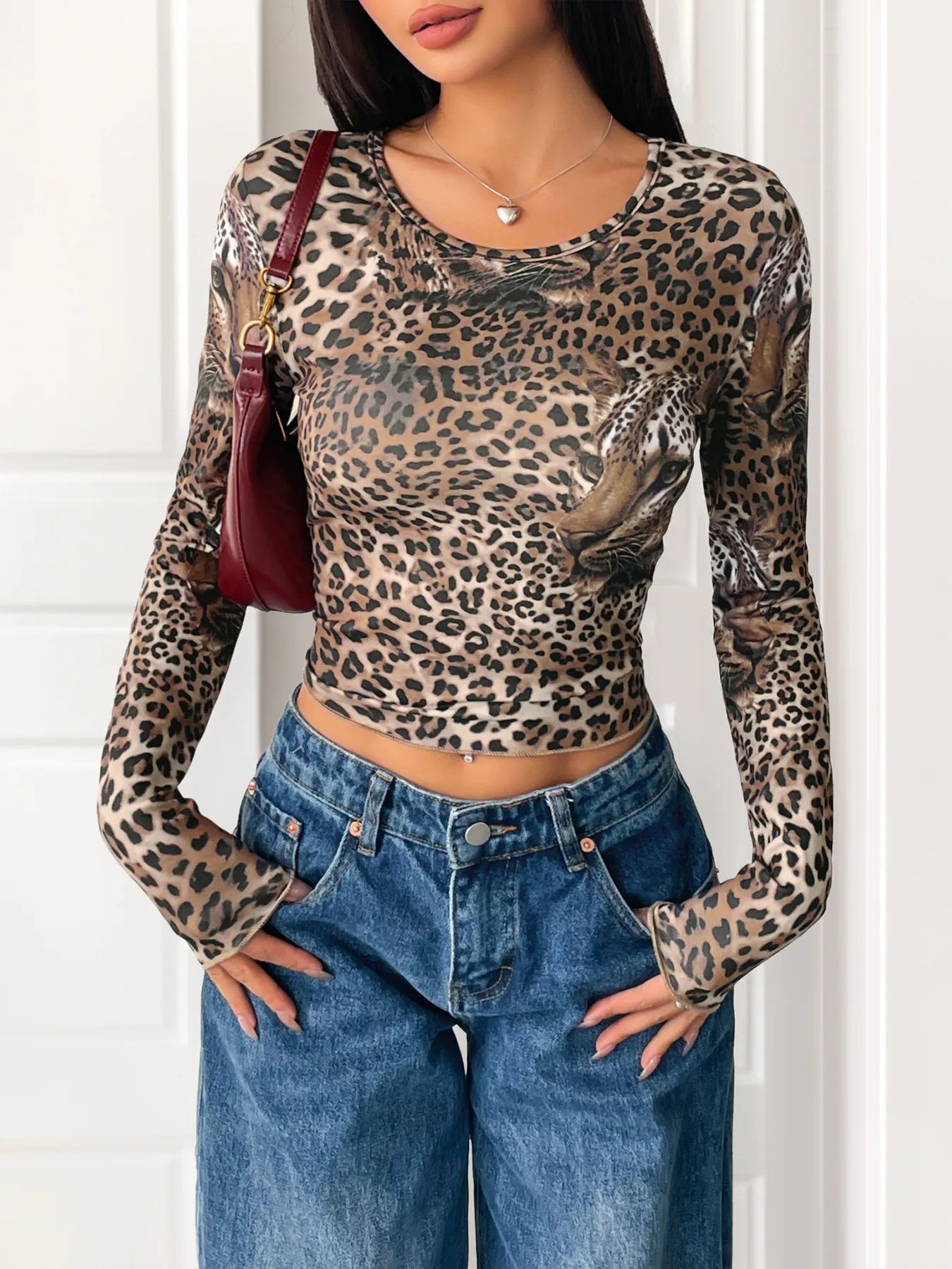 Leopard Print Long Sleeve Fitted T-Shirt